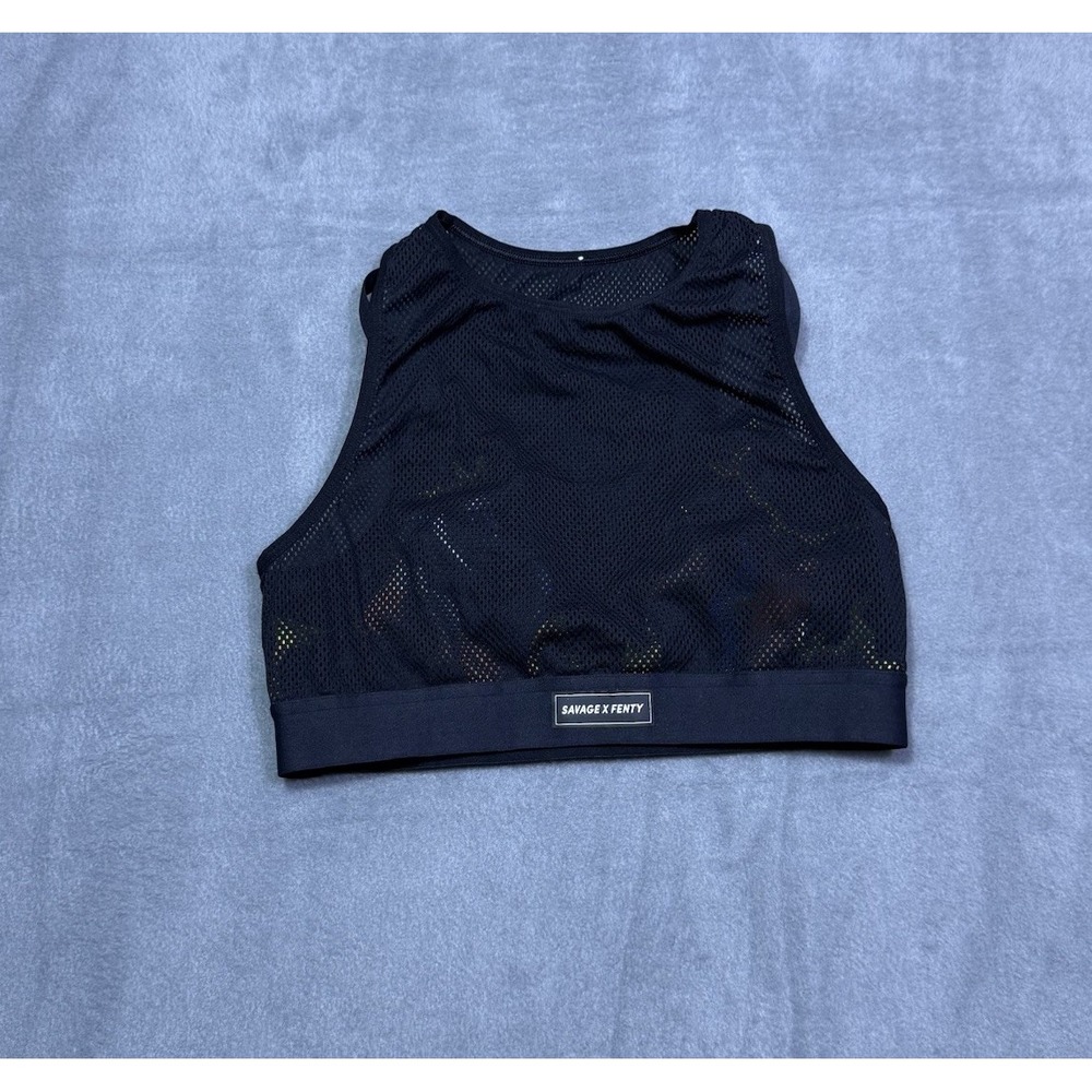 Savage X Fenty Sports Bra Womens XL 16 Black Mesh Racerback High Neck Logo